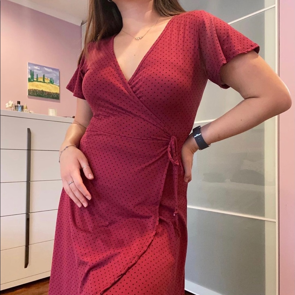 Red wine polka dot wrap dress